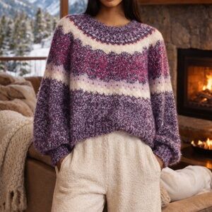 Free People Festive Frost Intarsia Sweater | Blackberry Wine Combo | S | NWOT